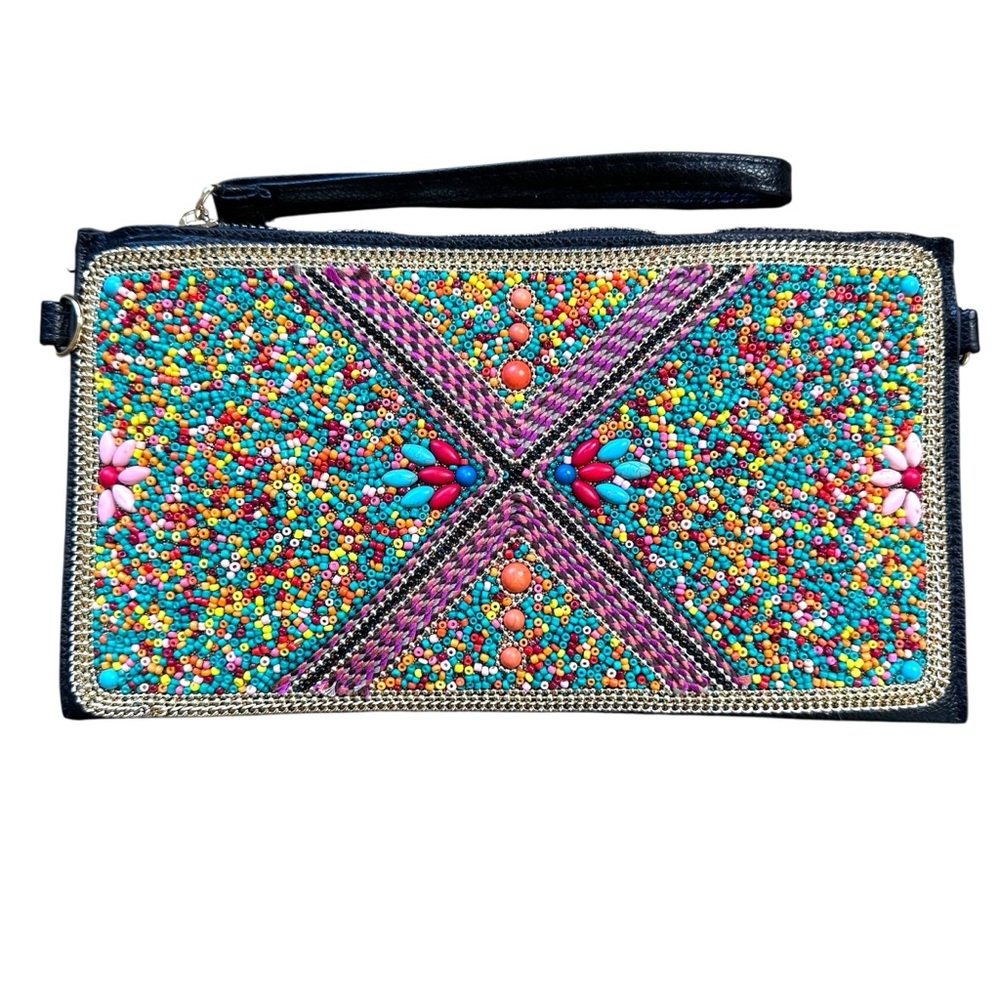 COCO + CARMEN Beaded Colorful Clutch Envelope Artisan Bag Shoulder Strap NWT - Picture 3 of 11